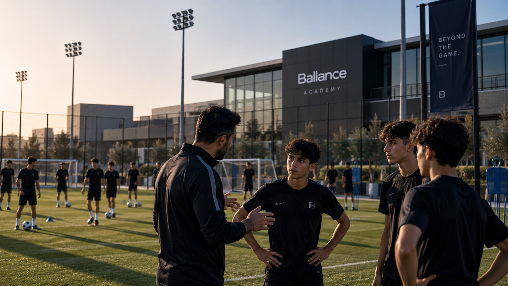 A coach with young players at an academy