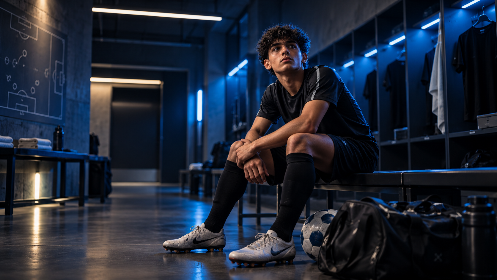 A young athlete in a locker room